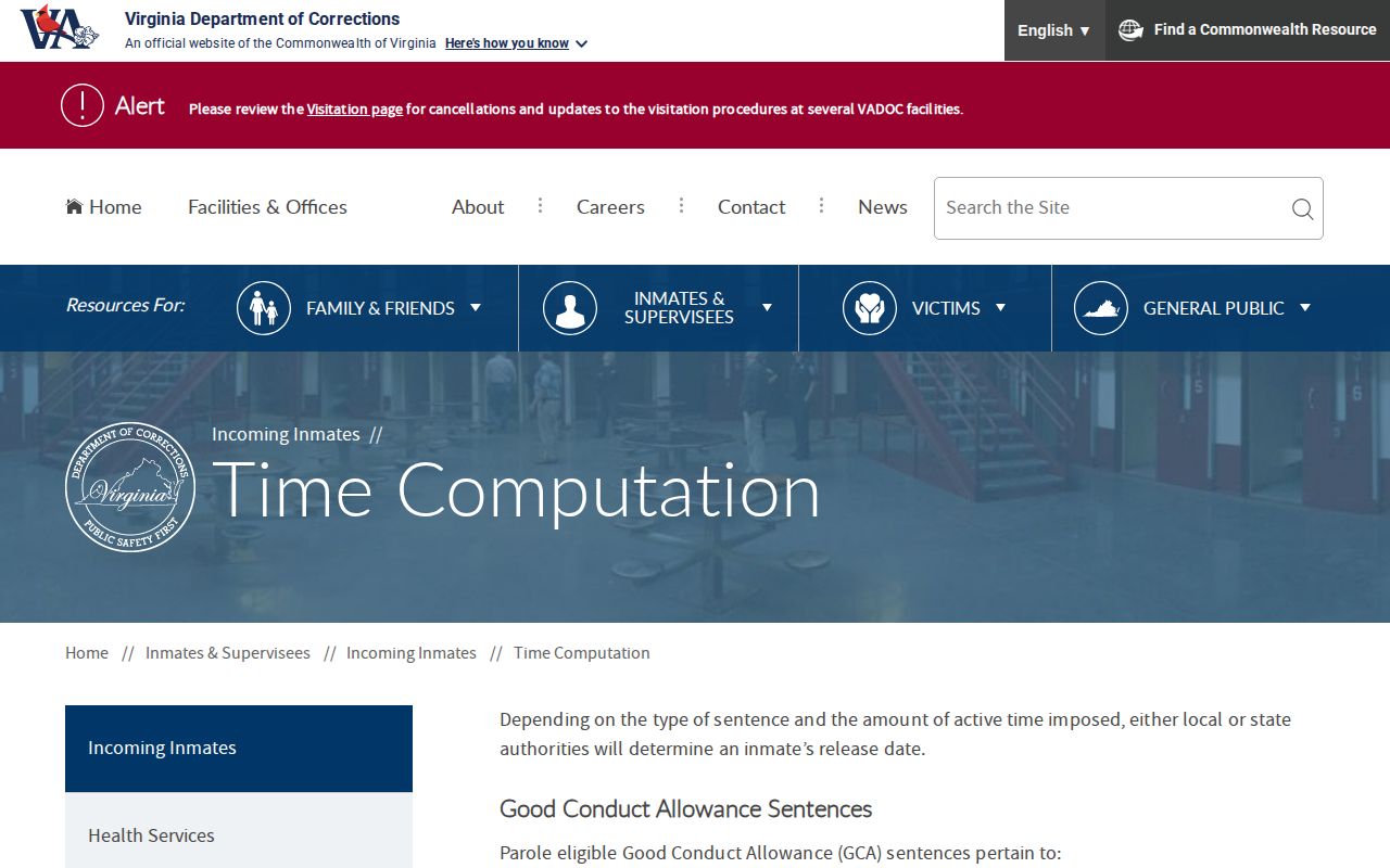 VADOC time computation for a Shenandoah County projected release date