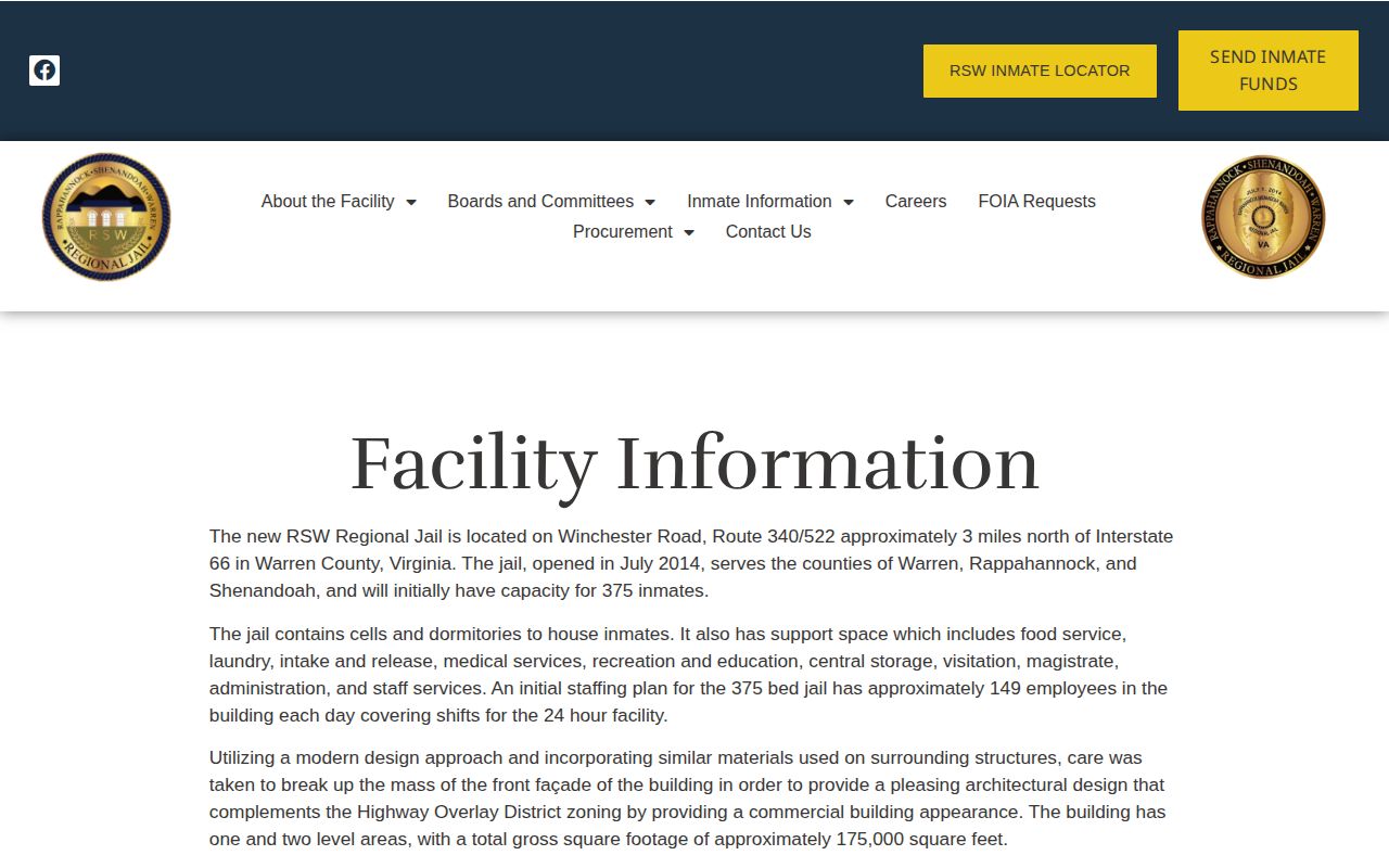 RSW Regional Jail facility and intake release information serving Shenandoah County