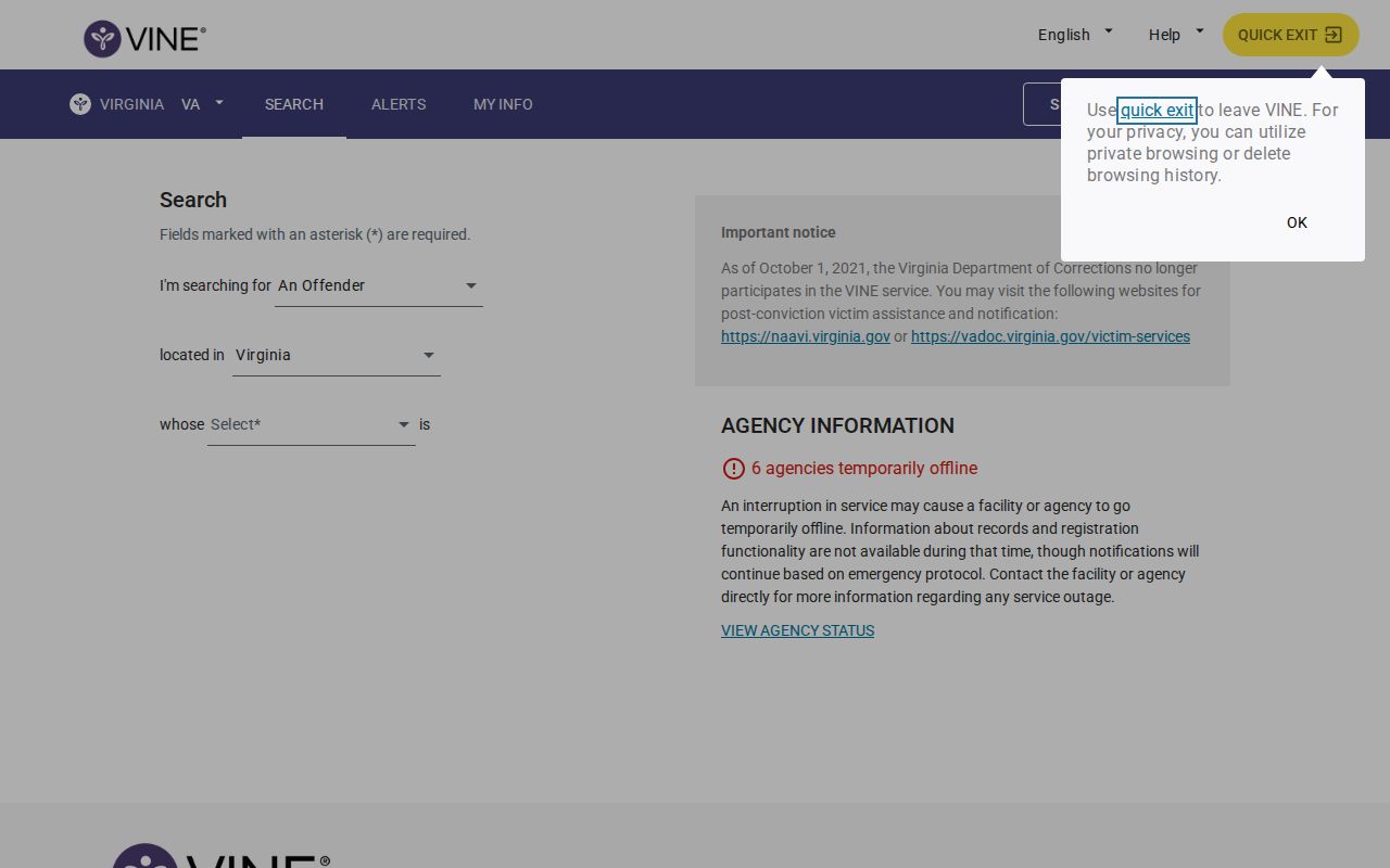 VINELink release alert registration for a Shenandoah County inmate
